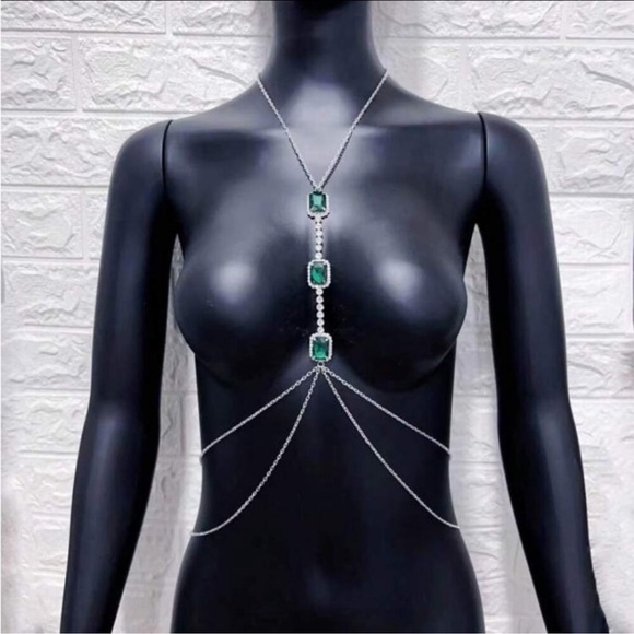 Emerald Silver Zircon Body Chain, Elegant, Classy, Minimalist, Punk - Picture 4 of 6